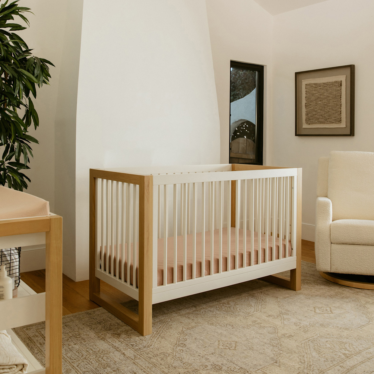 Namesake Nantucket 3-in-1 Convertible Crib with Toddler Bed Conversion Kit - Warm White/Honey.