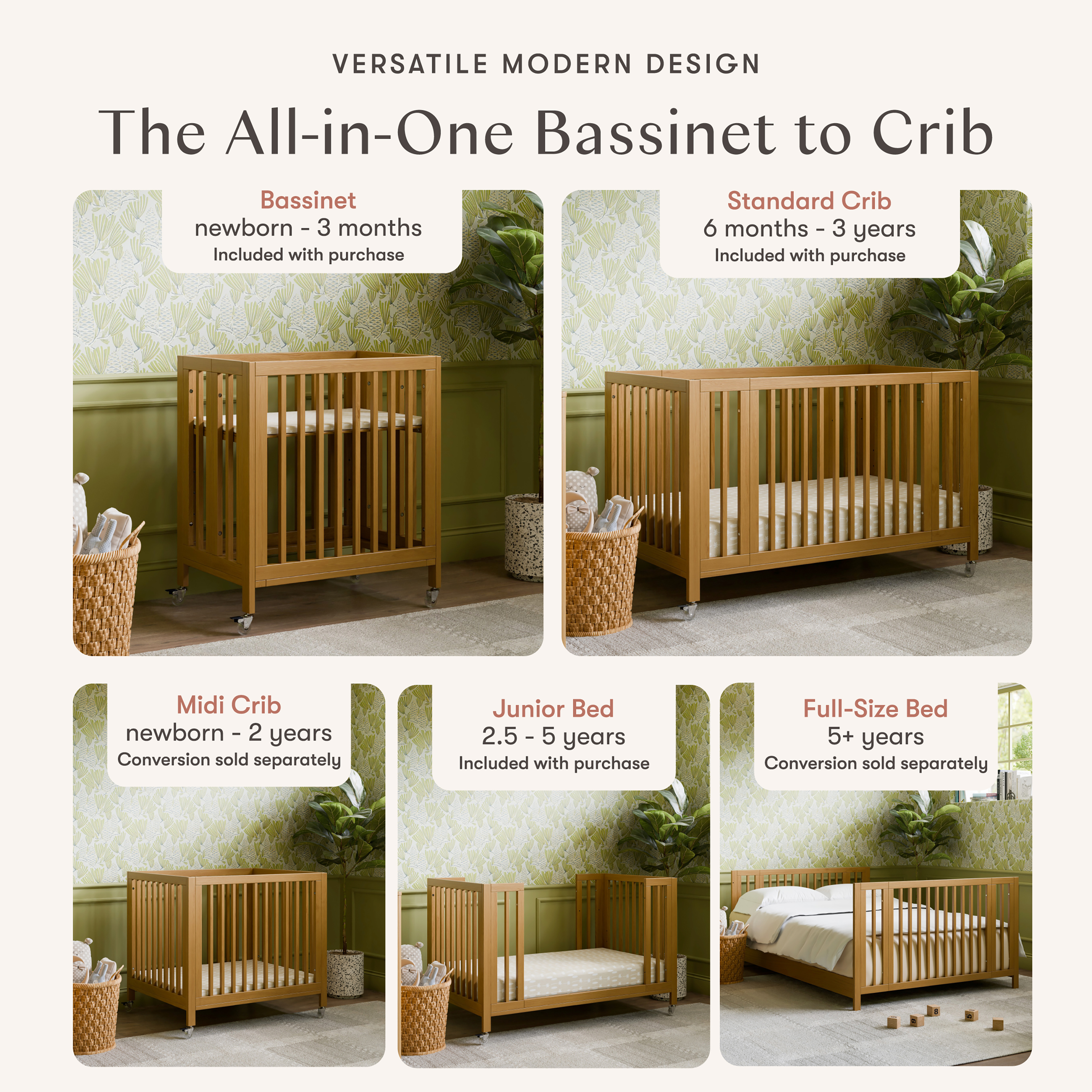 babyletto Rolli 9-in-1 Convertible All-Stages Crib with Bassinet & Toddler Bed Conversion Kits - Honey.