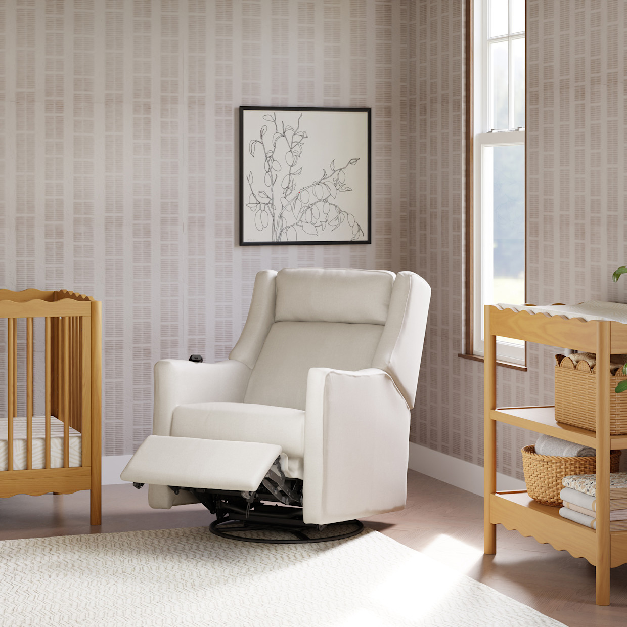 babyletto Kiwi Deluxe Power Recliner and Swivel Glider with Heat and Massage - Performance Cream Eco-Weave.