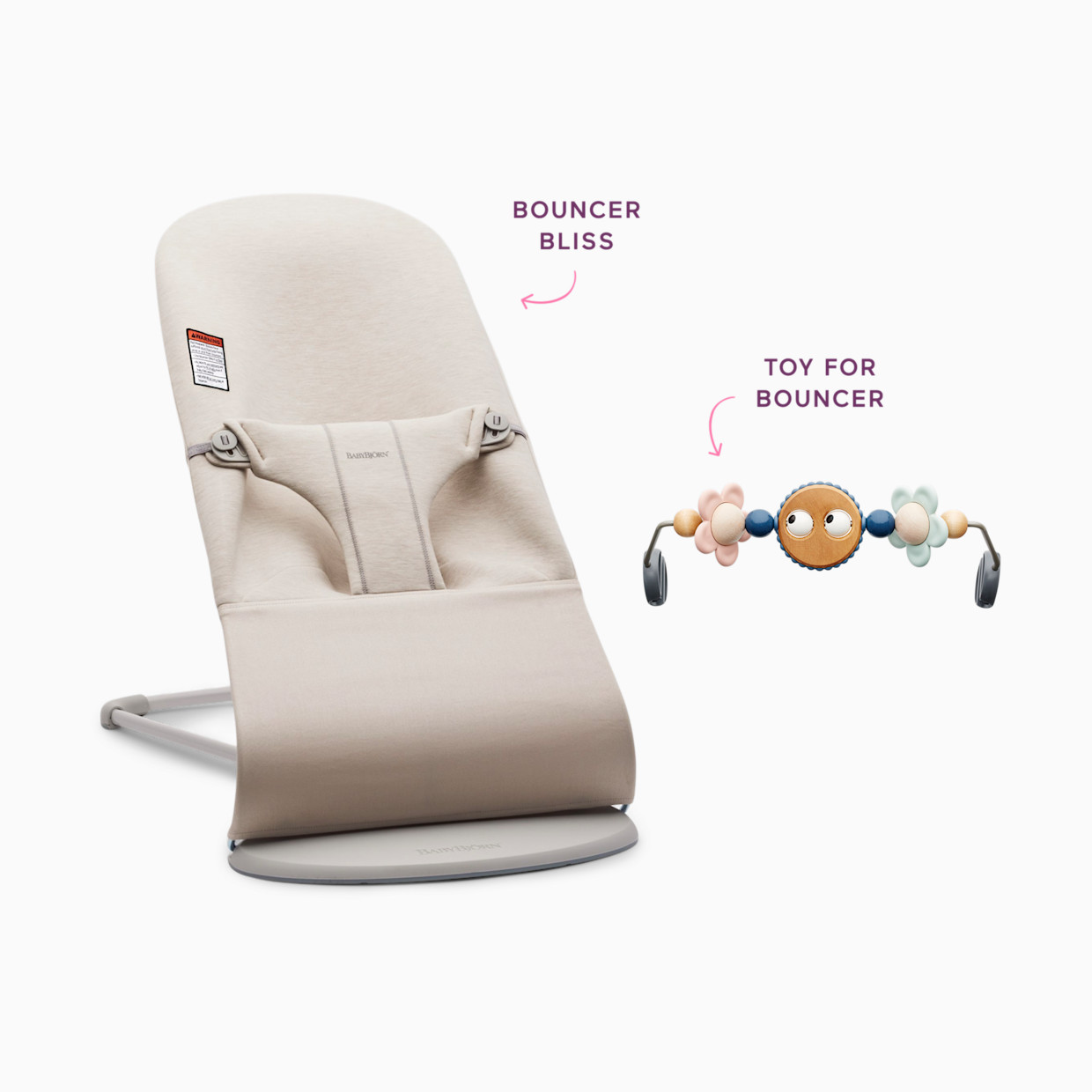 BabyBjörn Bouncer Bliss and Toy Bar Bundle - Light Beige/Pastels.