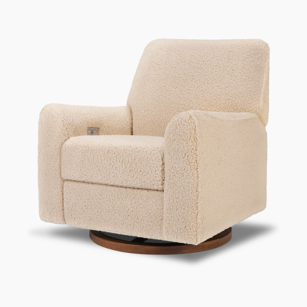 Nursery Works Sunday Power Recliner and Swivel Glider - Chai Shearling With Dark Wood Base.