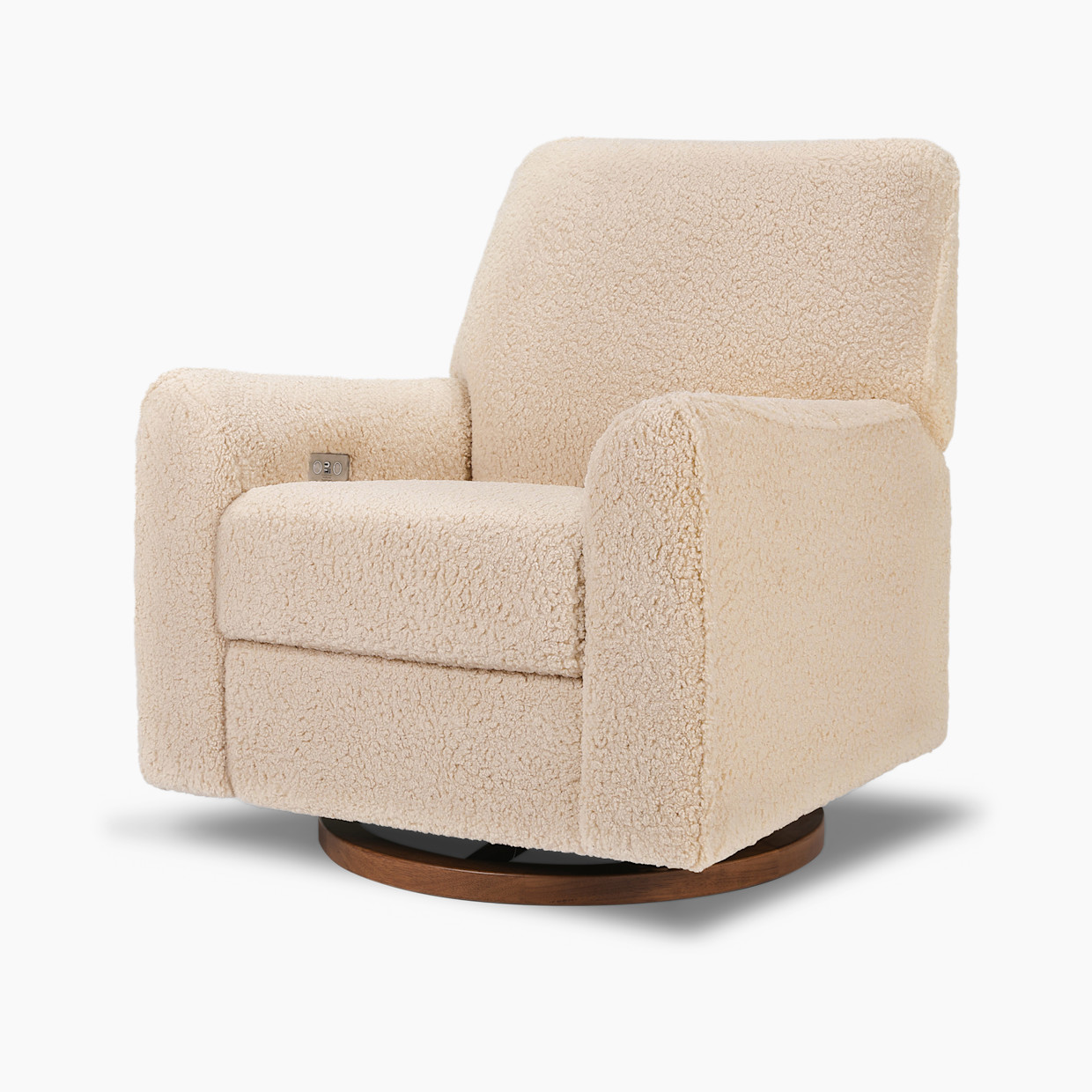 Nursery Works Sunday Power Recliner and Swivel Glider - Chai Shearling With Dark Wood Base.