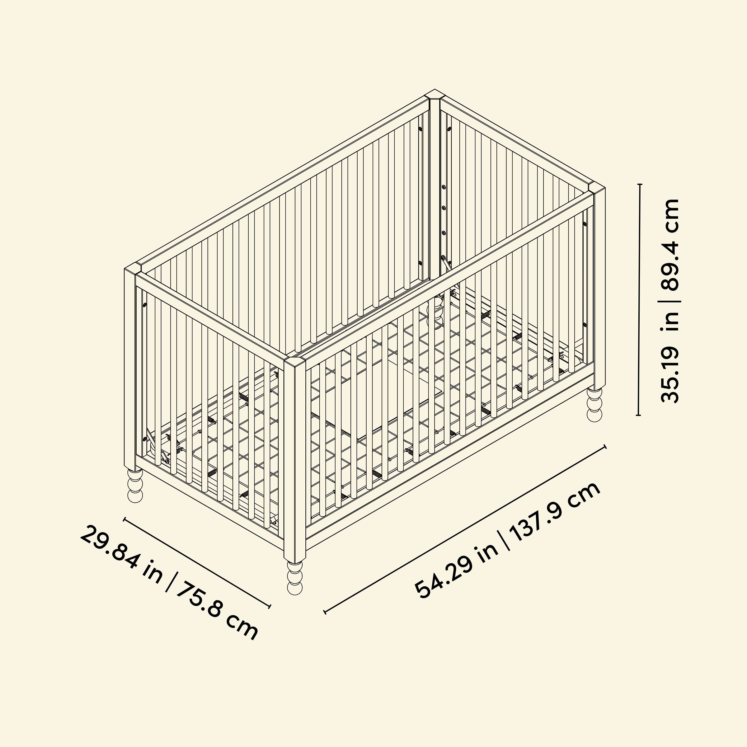Diagram showing the dimensions of the convertible crib.