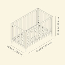 Diagram showing the dimensions of the convertible crib.