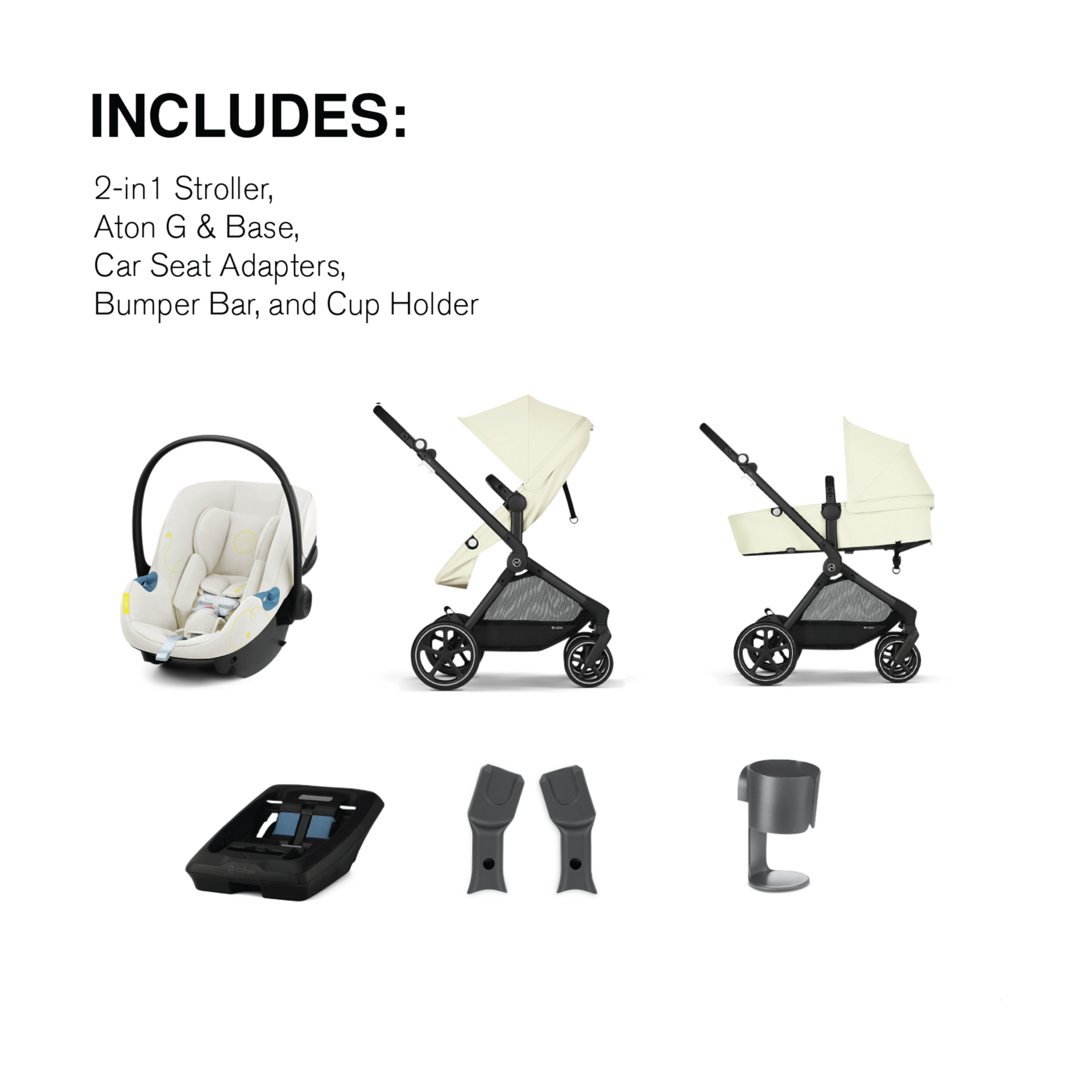 Cybex EOS 5-in-1 Travel System Stroller + Lightweight Aton G Infant Car Seat - Seashell Beige.