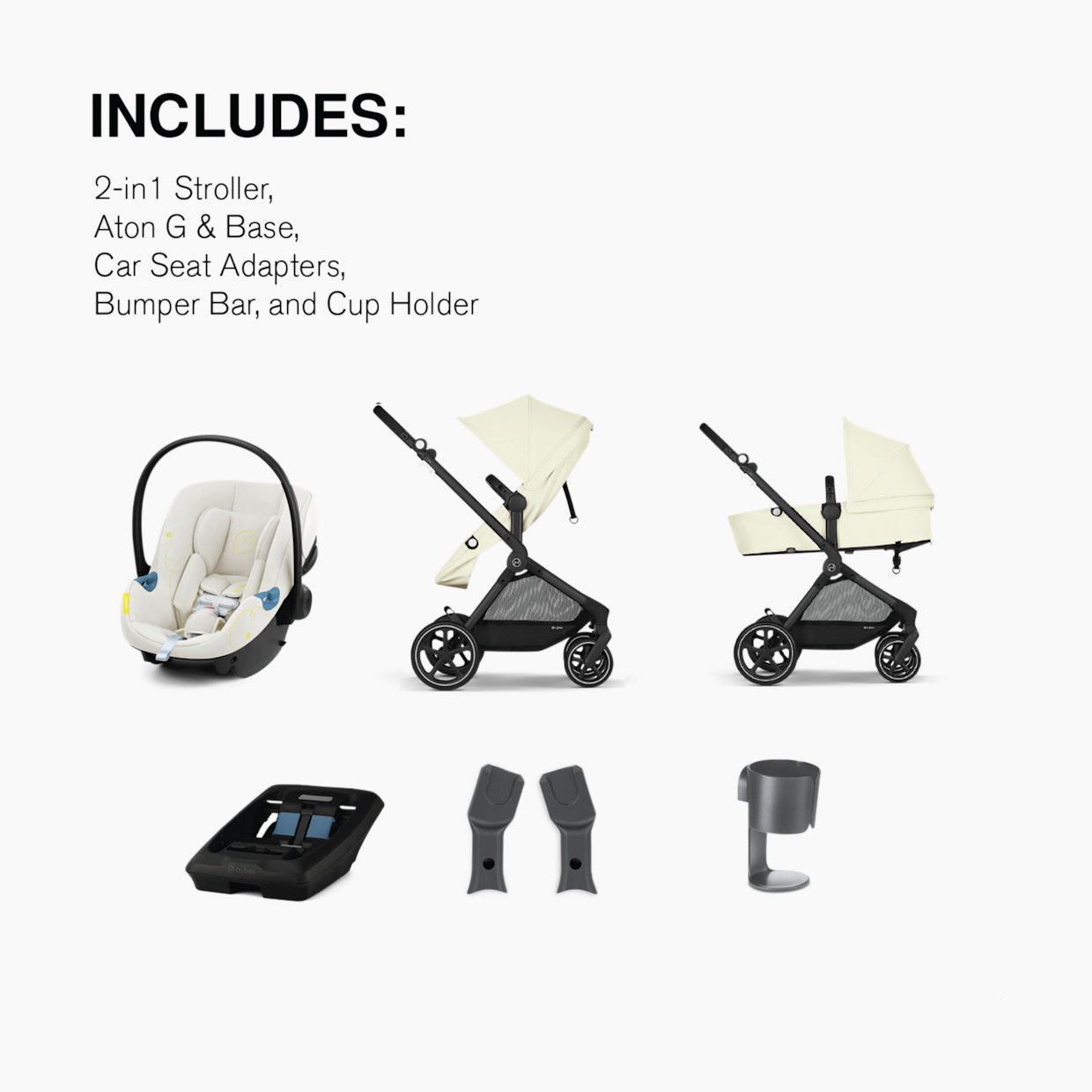 Cybex EOS 5-in-1 Travel System Stroller + Lightweight Aton G Infant Car Seat - Seashell Beige.