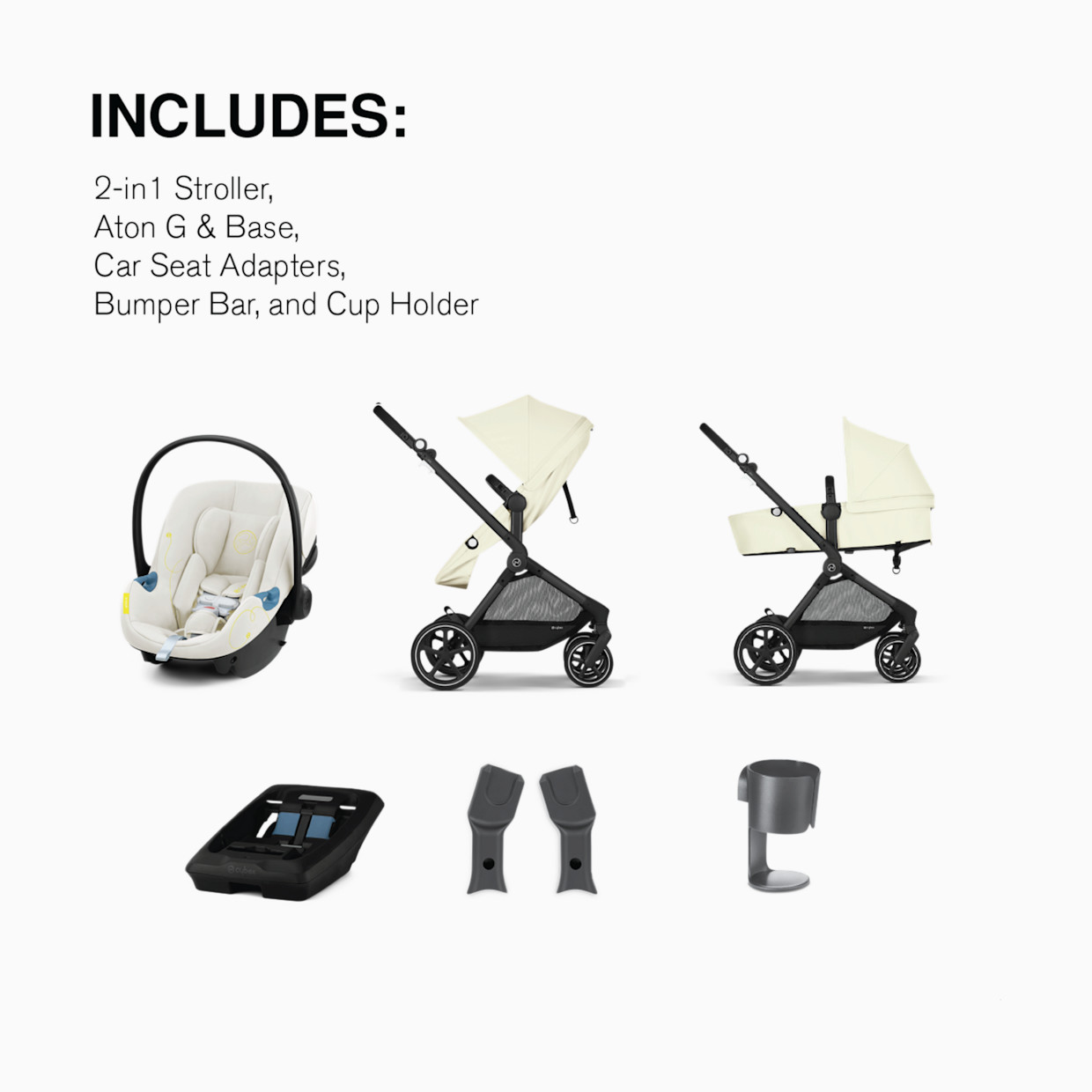 Cybex EOS 5-in-1 Travel System Stroller + Lightweight Aton G Infant Car Seat - Seashell Beige.