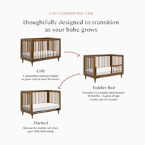 Diagram showing conversion of crib to toddler bed and daybed with arrows