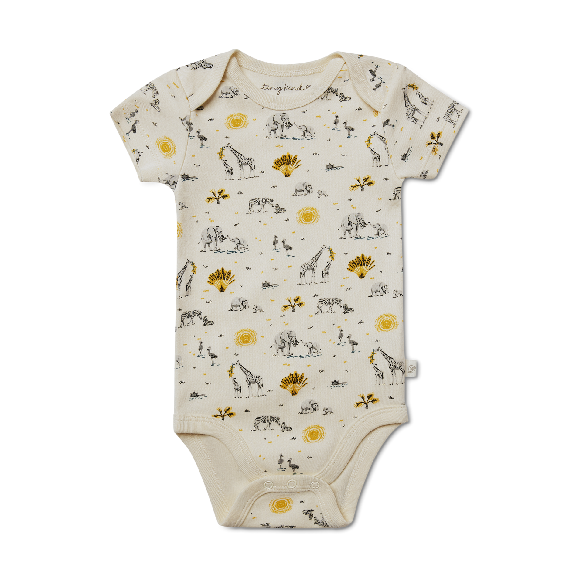 Tiny Kind Printed Short Sleeve Organic Cotton Bodysuit - Safari Family, Newborn.
