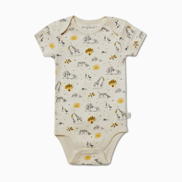 Tiny Kind Printed Short Sleeve Organic Cotton Bodysuit - Safari Family, Newborn.