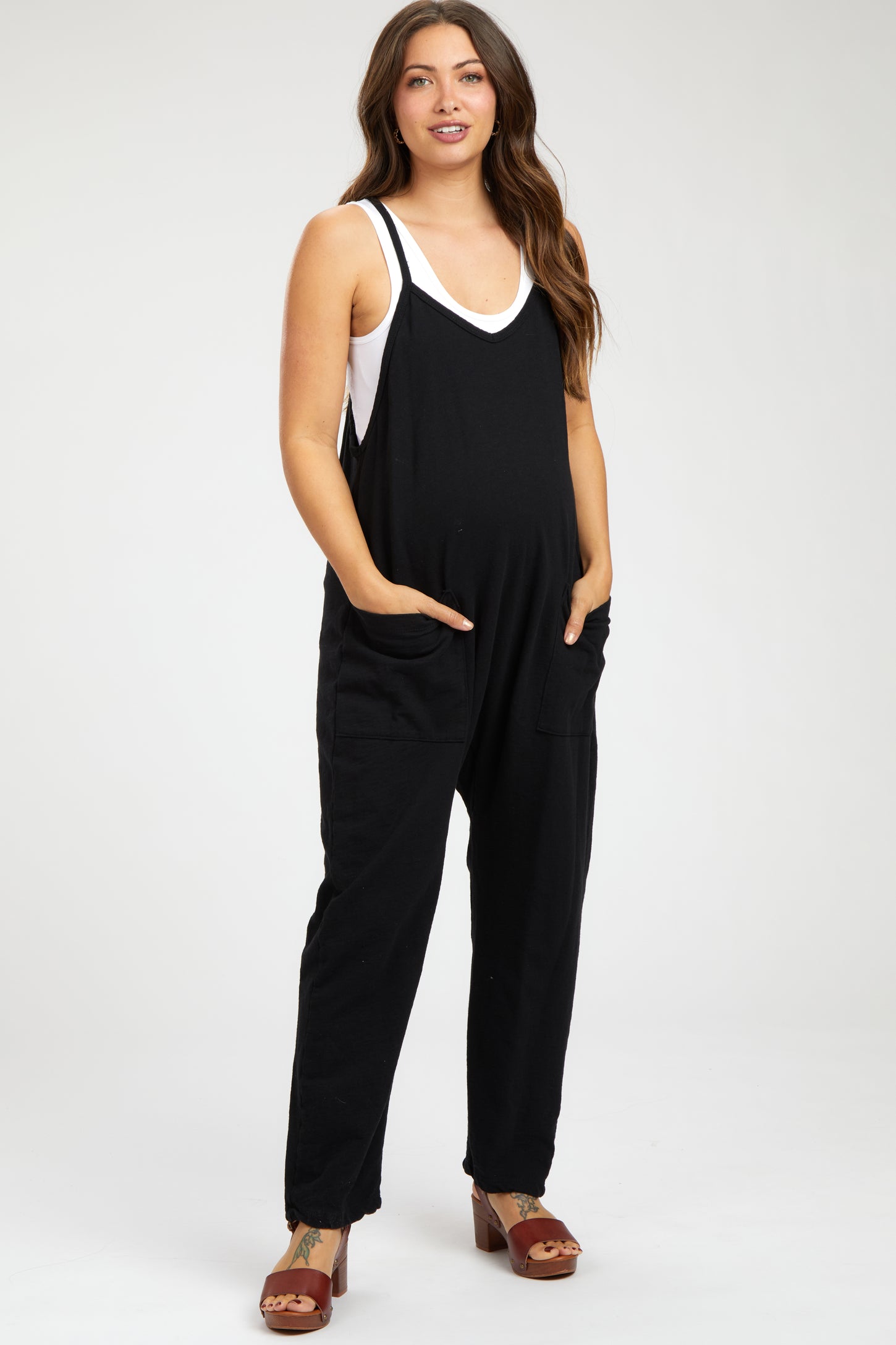 Maternity Black Knit Front Pocket Maternity Overall.