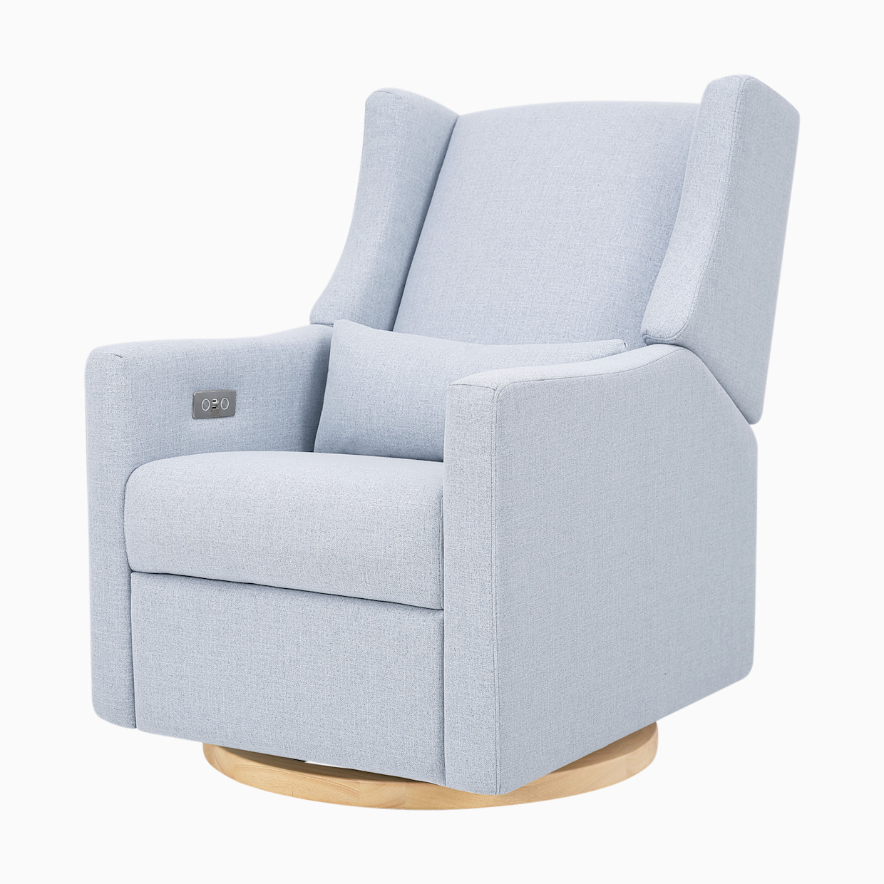 babyletto Kiwi Electronic Recliner and Swivel Glider - Performance Blue Chambray Eco-Twill With Light Wood Base.