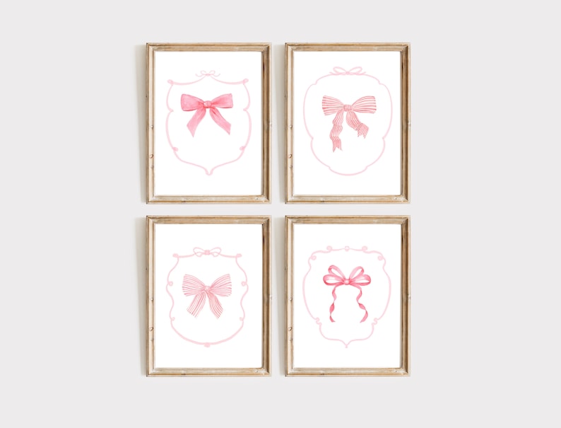 SamiraBirar Pink Bow Set of 4 Watercolor Painting Art Prints.