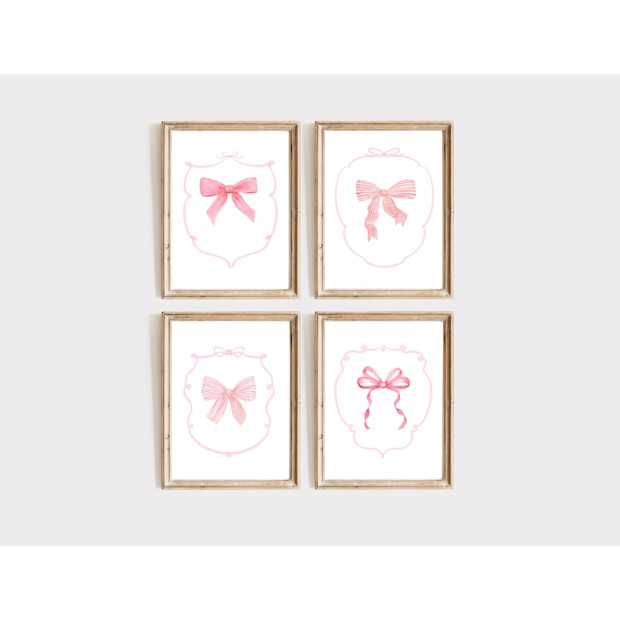 SamiraBirar Pink Bow Set of 4 Watercolor Painting Art Prints.