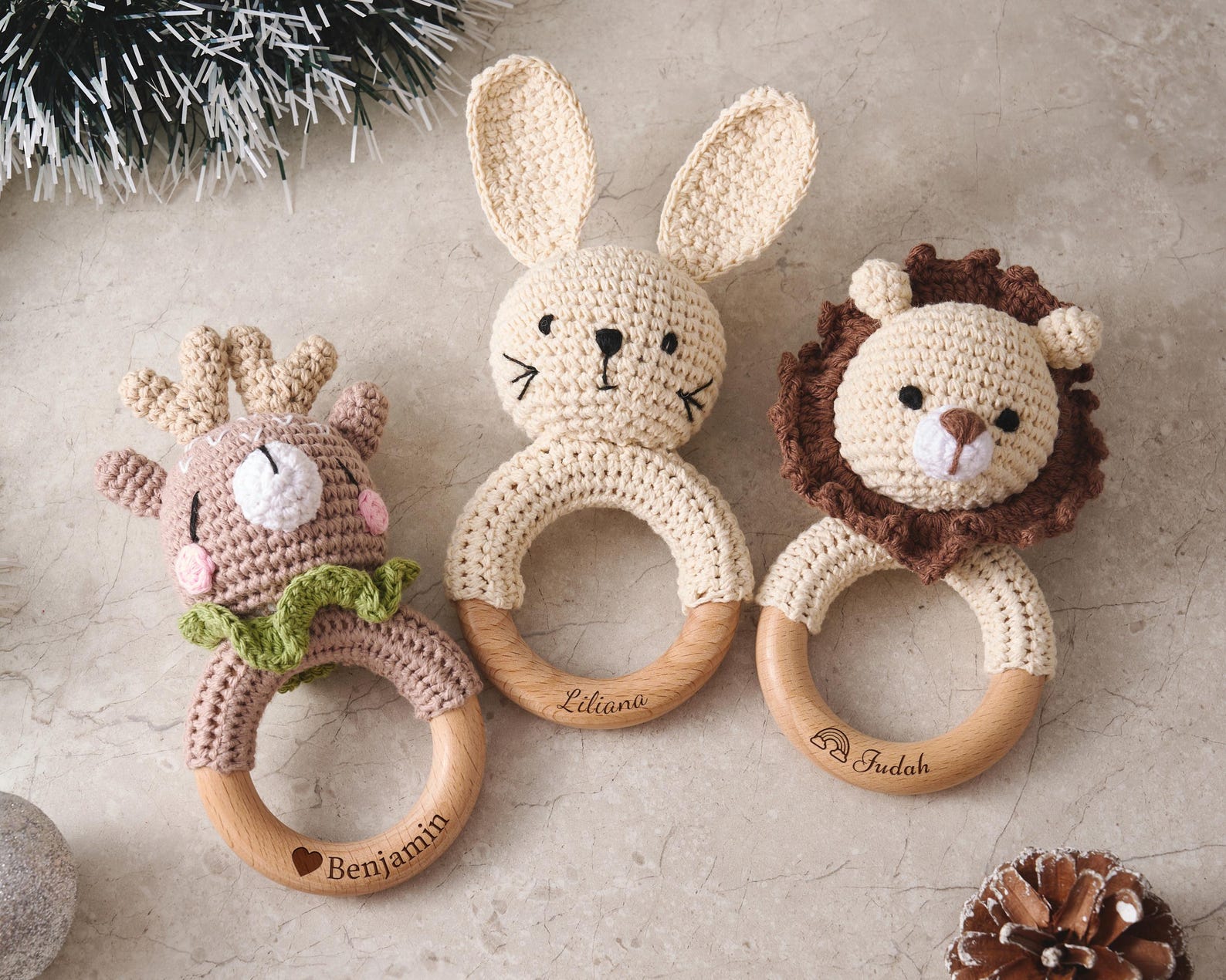 Crochet Baby Rattle with Wooden Teether.