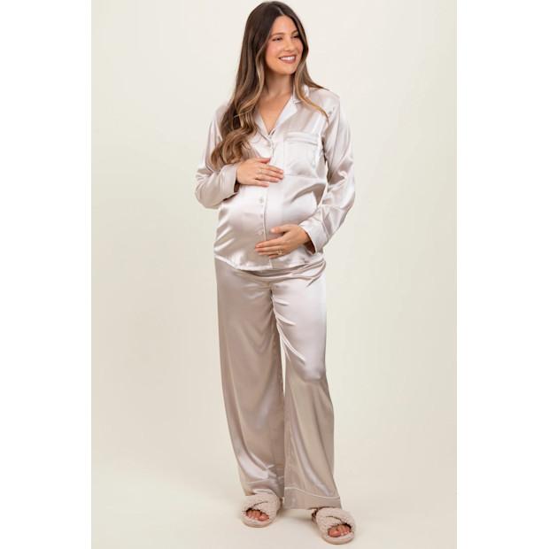 Pink Blush Cream Satin Contrast Trim Long Sleeve Maternity Pajama Set.