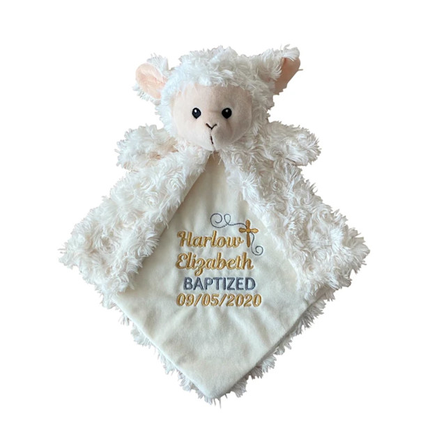 Renee’s Embroidery Boutique Personalized Baptism Lovey Offer.