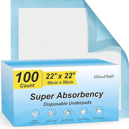 wowflash 100 Count 22” x 22” Super Absorbency Disposable Underpads.