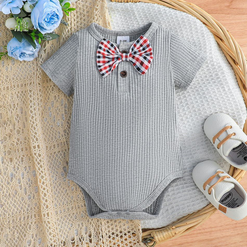 PatPat Baby Boy Bow Tie Decor Short-sleeve Ribbed Bodysuit.
