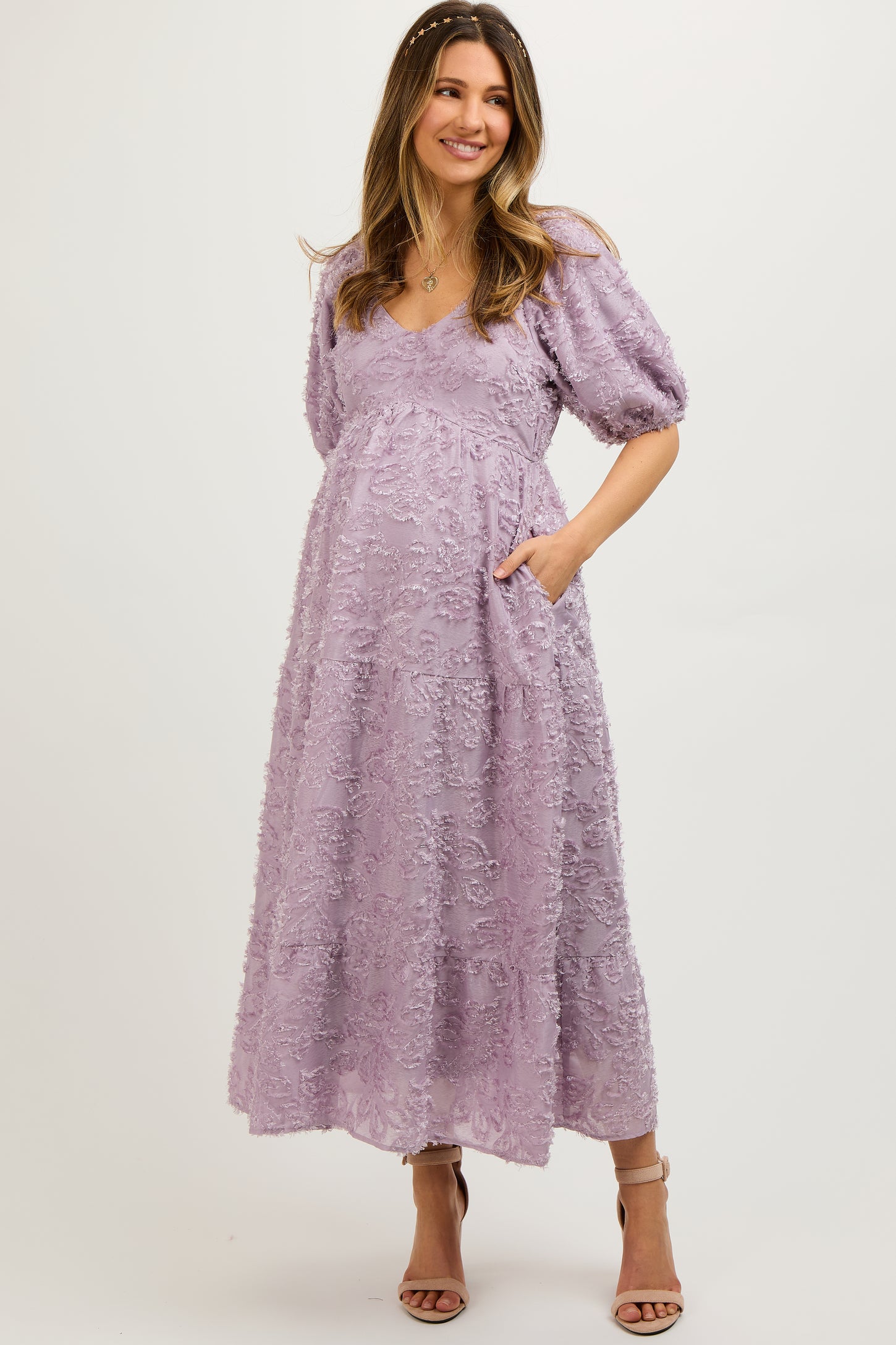 Pink Blush Maternity Lavender Fringe Textured Short Puff Sleeve Maternity Midi Dress.