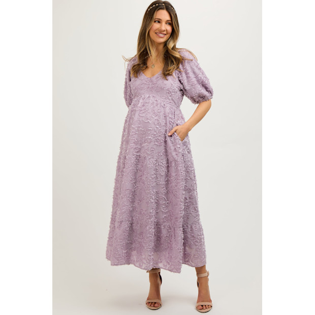 Pink Blush Maternity Lavender Fringe Textured Short Puff Sleeve Maternity Midi Dress.