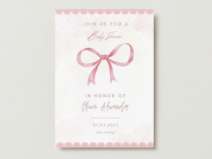 Pink Water Color Leaves Baby Shower Invitation.