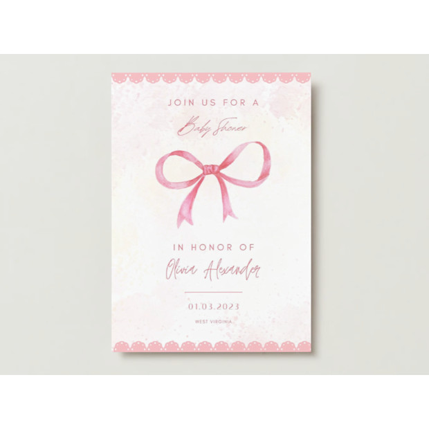 Pink Water Color Leaves Baby Shower Invitation.