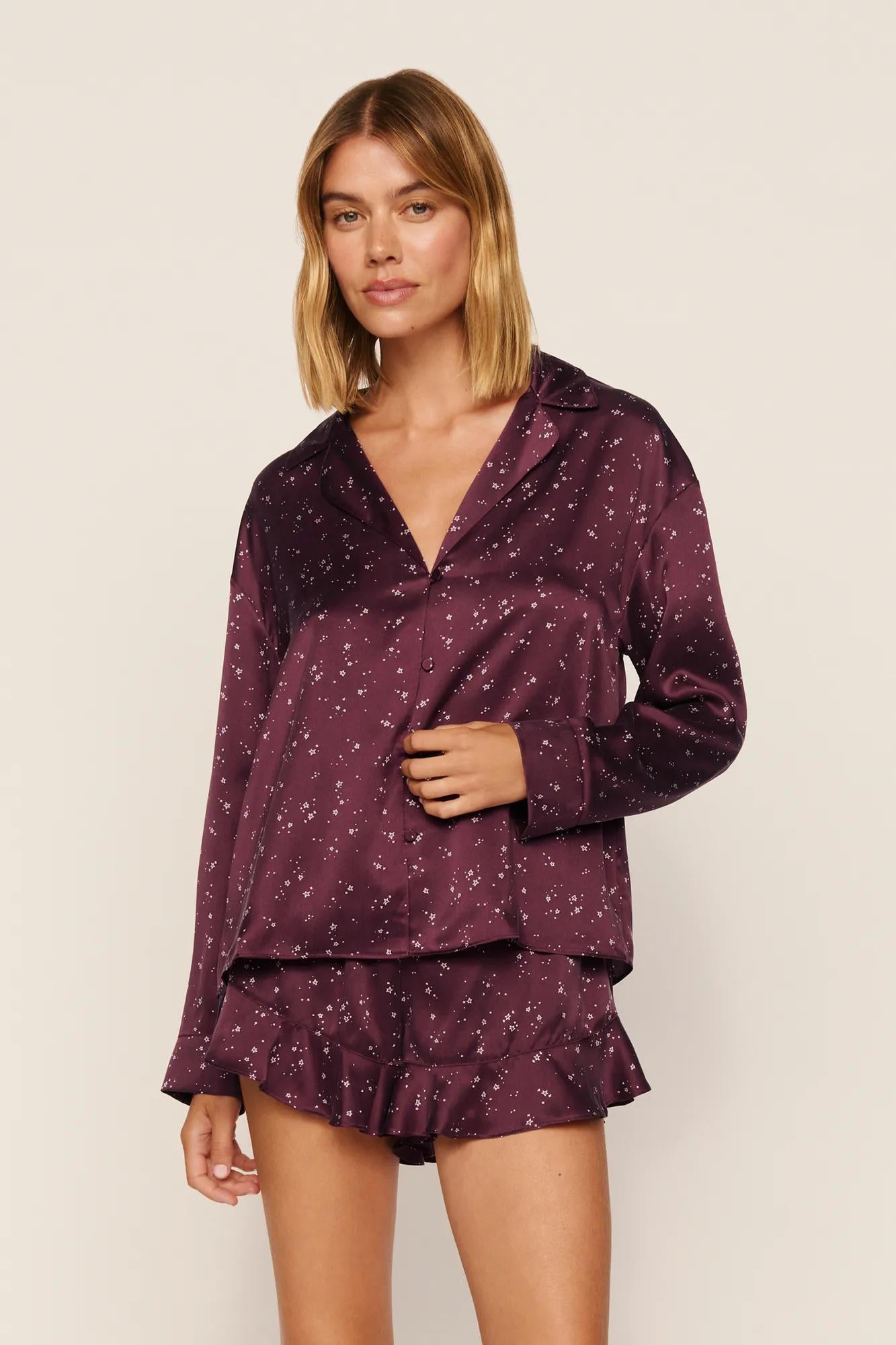 eberjay Washable Silk Printed Ruffle Long Sleeve & Short PJ Set.