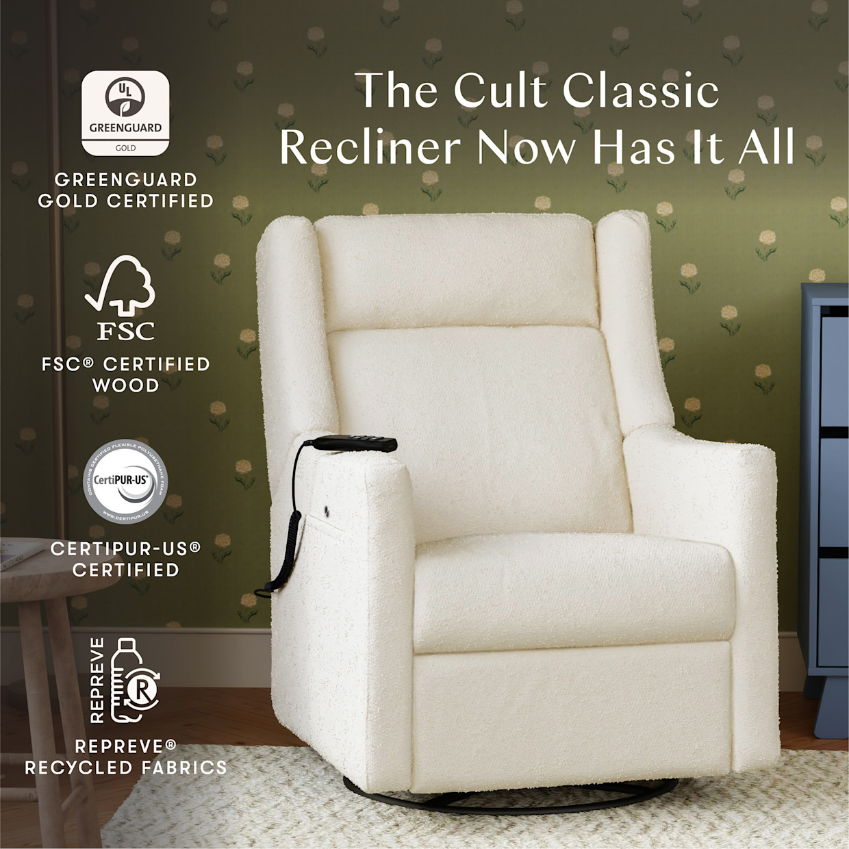 babyletto Kiwi Deluxe Power Recliner and Swivel Glider - Performance Ivory Boucle.