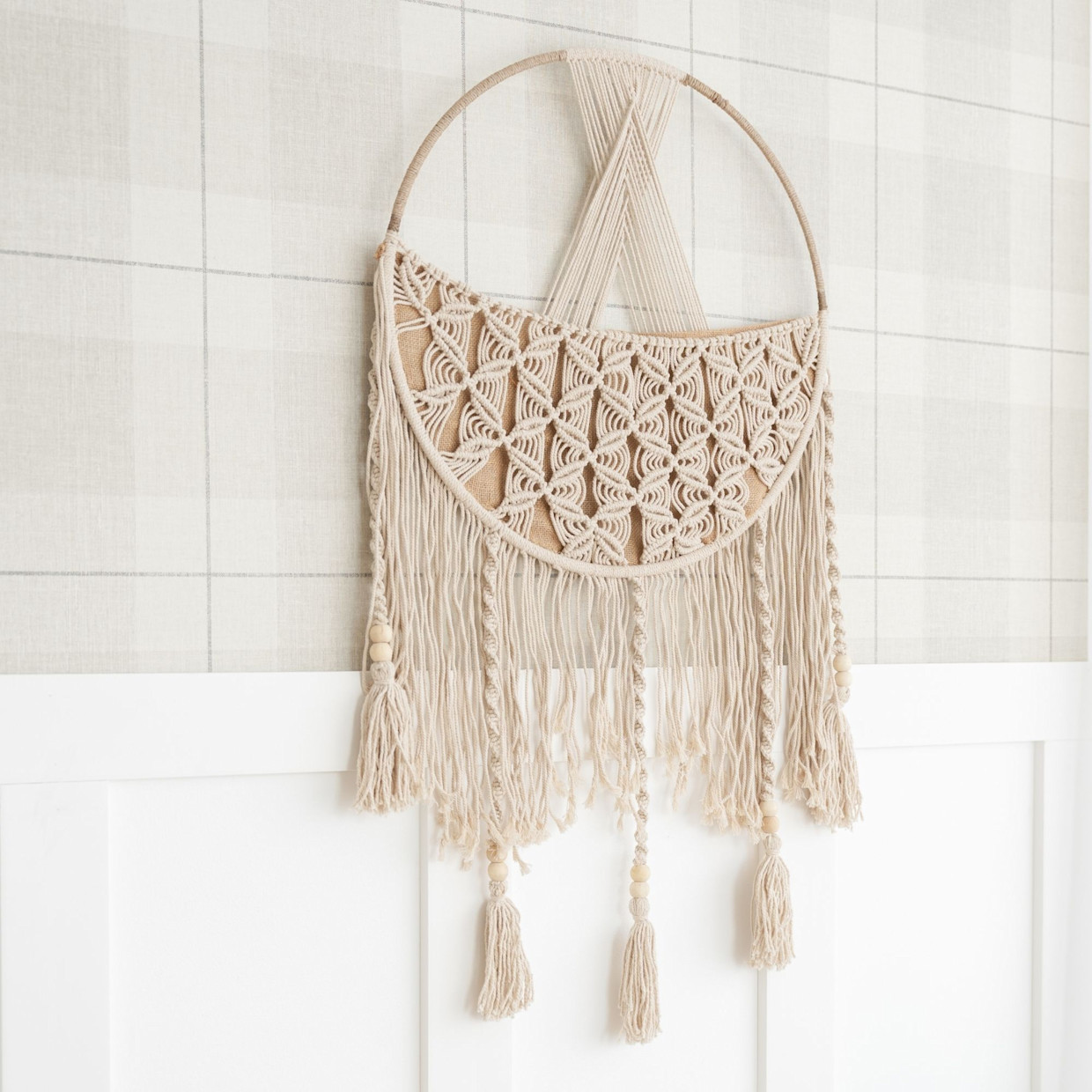 Crane Baby Macrame Toy Storage Basket with Tassels.