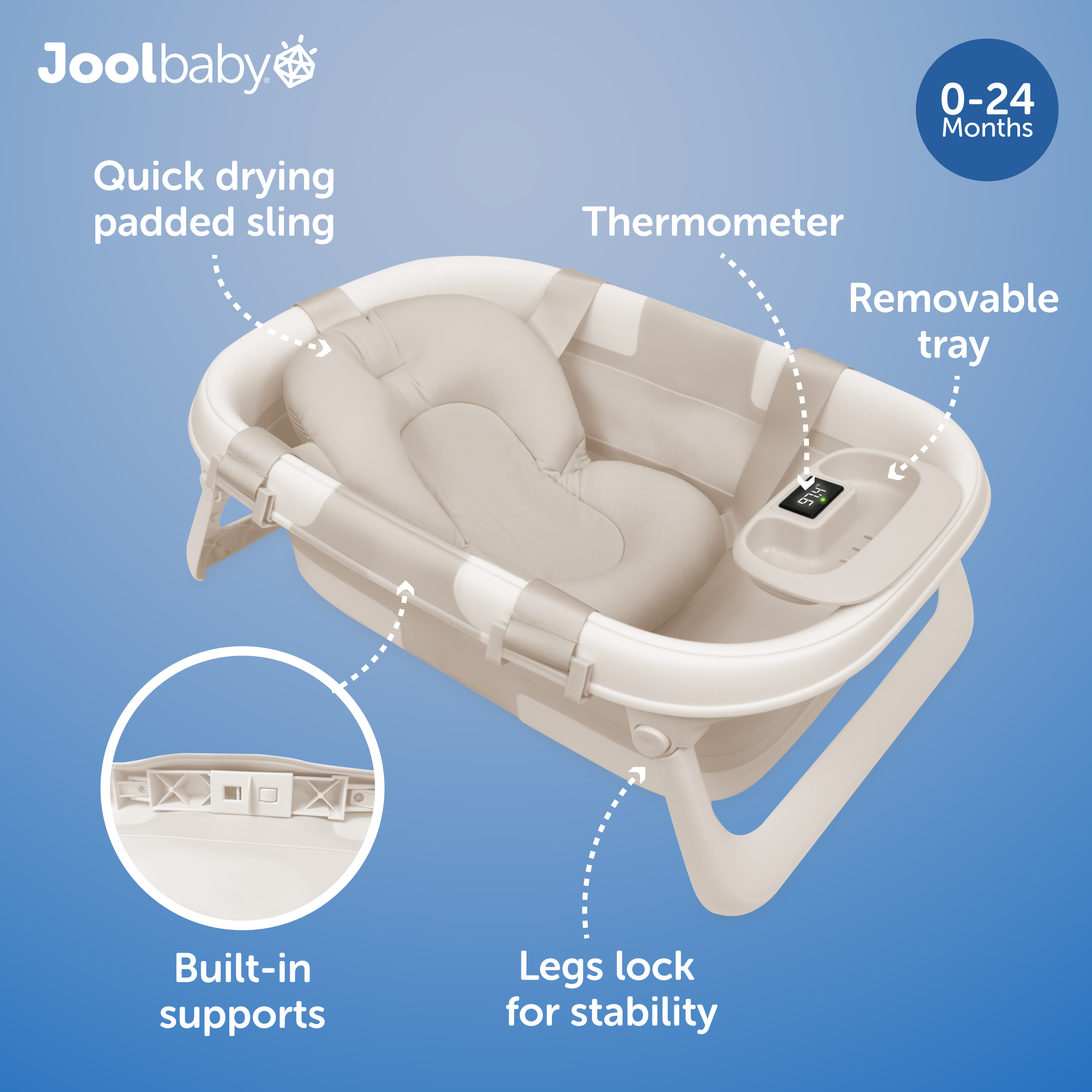 Jool Baby Fold ‘n Store Baby Bathtub With Built-in Thermometer - Oat.