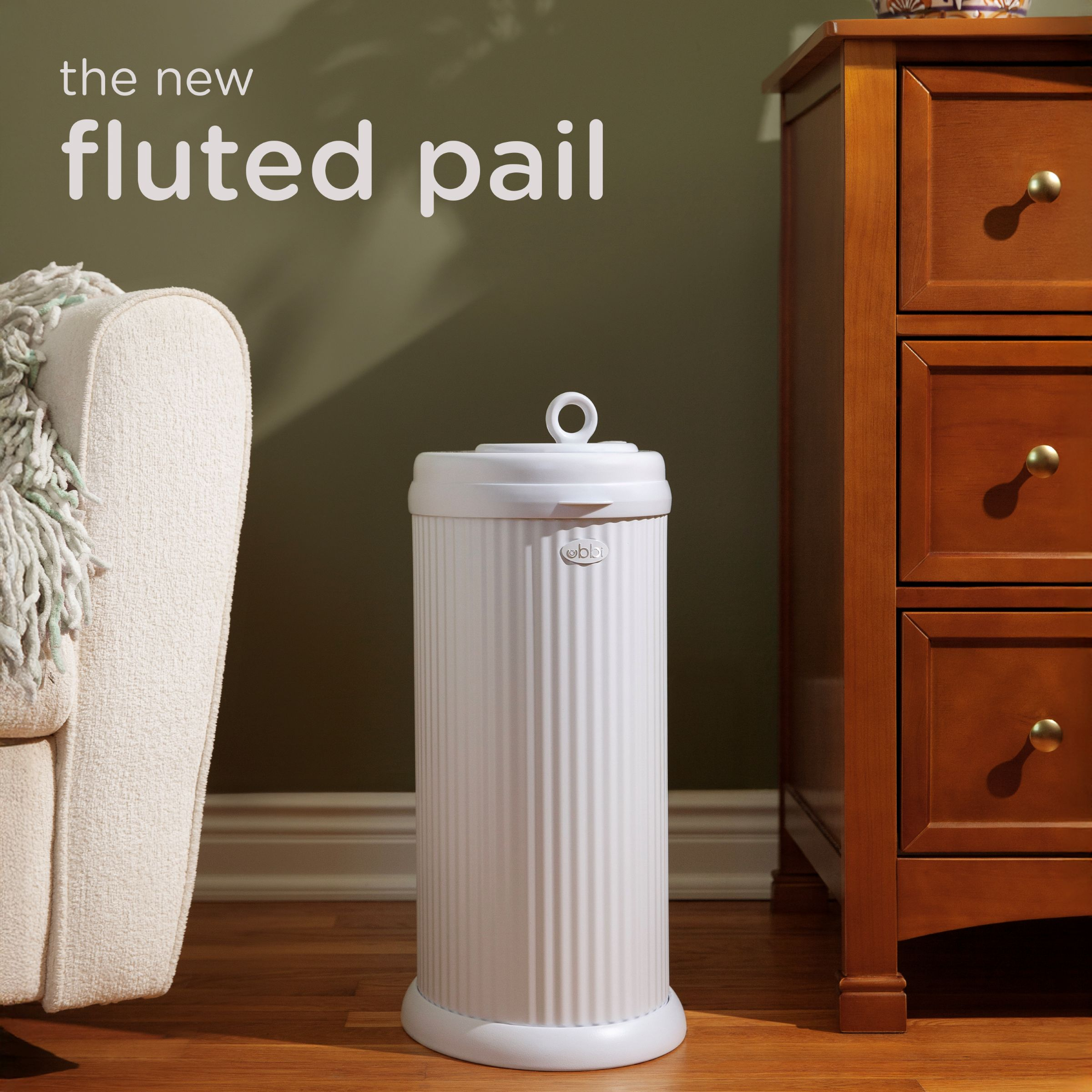 Ubbi Fluted Stainless Steel Diaper Pail - Matte White.