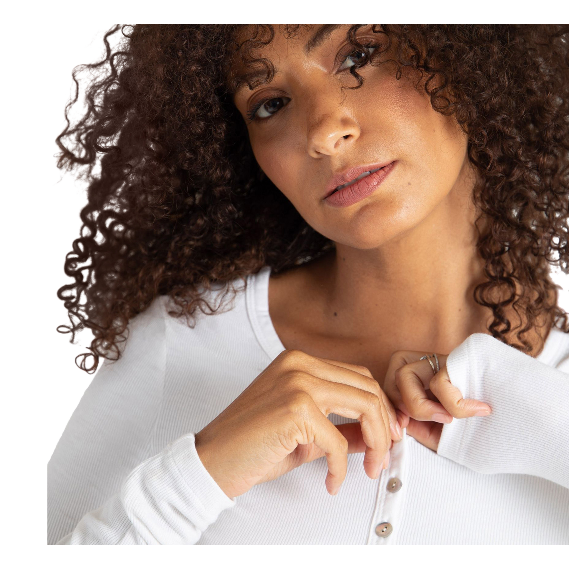 Ingrid and Isabel Long Sleeve Rib Henley - White, Xs.