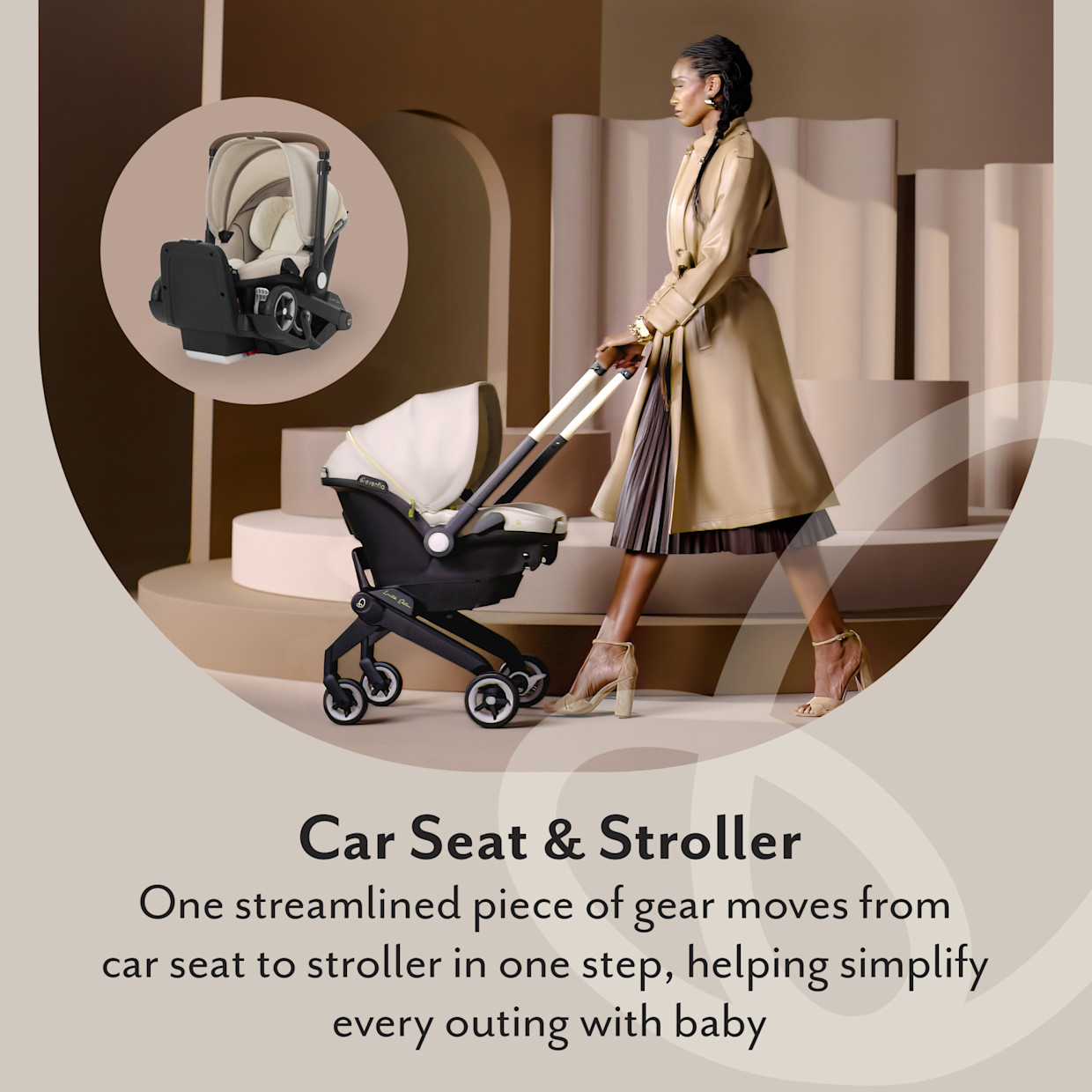 Evenflo Gold Shyft DualRide Infant Car Seat Stroller Combo w Carryall Storage & Extended Canopy - Champagne With Green & Gentle Fabric.