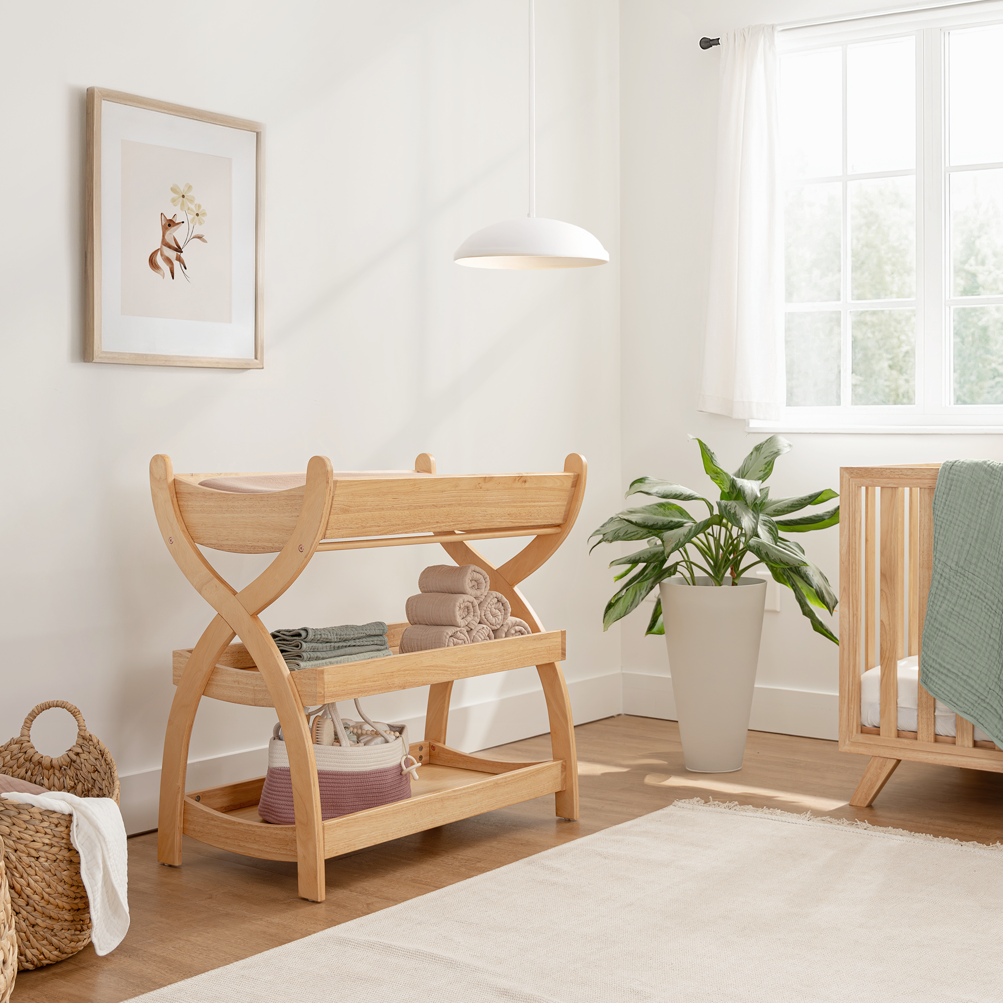 Comfy Cubs Changing Table with Two Open Shelves - Natural Wood.