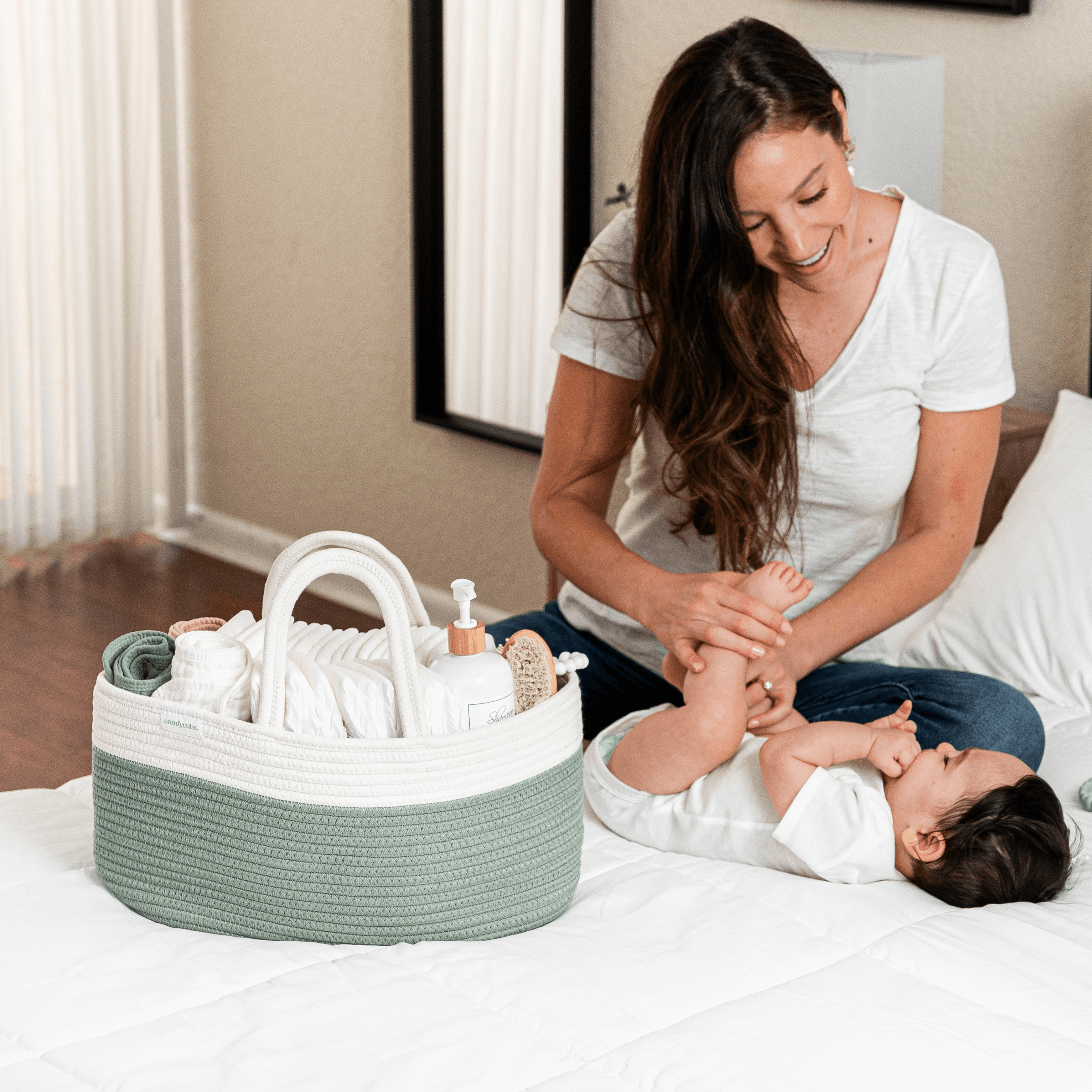 Comfy Cubs Rope Diaper Caddy Organizer with 3 Compartments - Sage.