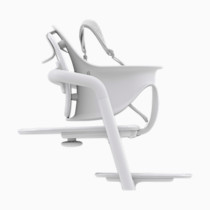 White high chair with attached tray/booster.
