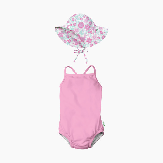 GREEN SPROUTS UPF 50+ Swimsuit with Built-in Diaper & Brim Hat Set - Light Pink/White Bold Floral, 0-6 Months.