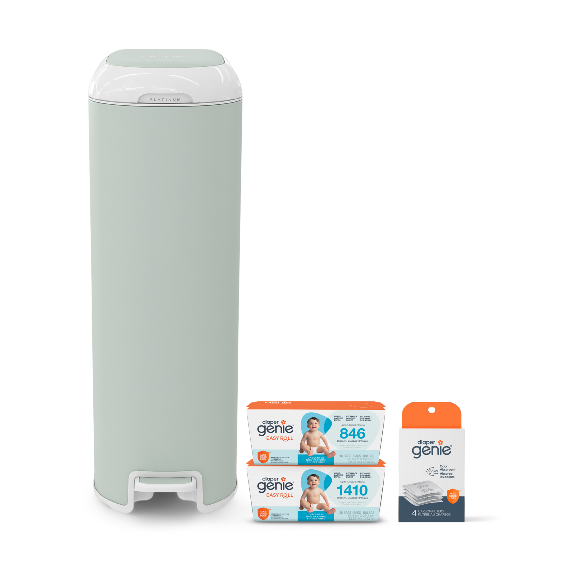 Diaper Genie Platinum Stainless Steel Diaper Pail Gift Set.