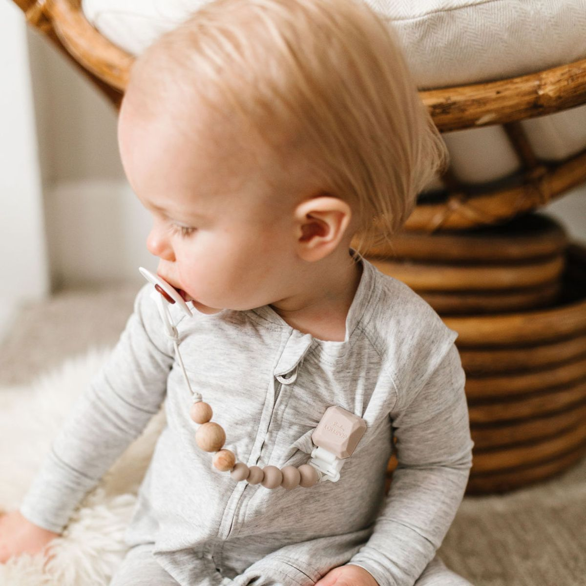 Loulou Lollipop Color Pop Silicone and Wood Pacifier Clip Silver Sage