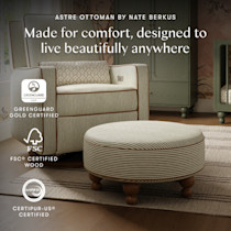 Astre Ottoman by Nate Berkus with brand and certification logos.