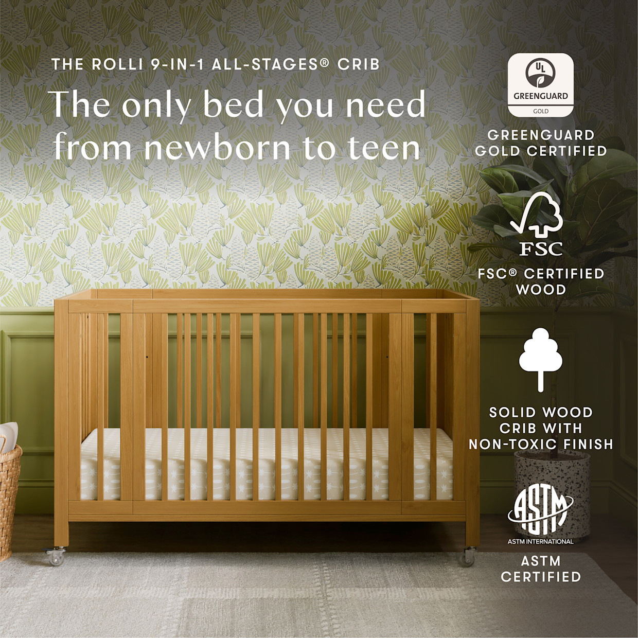 babyletto Rolli 9-in-1 Convertible All-Stages Crib with Bassinet & Toddler Bed Conversion Kits - Honey.