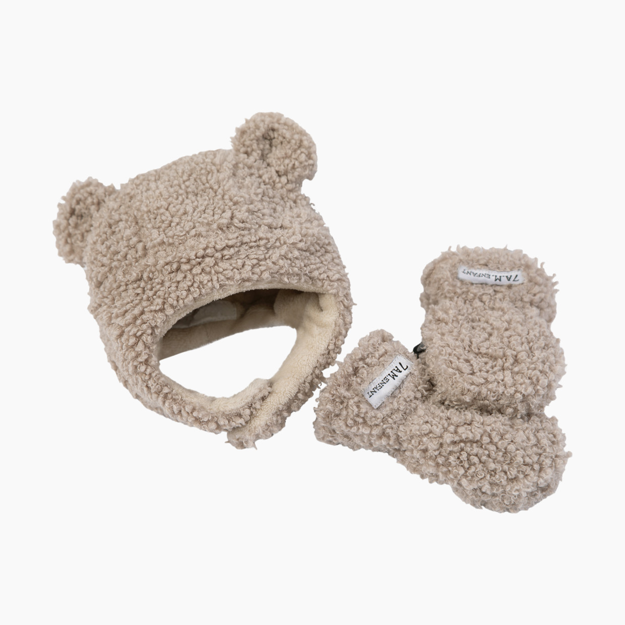 7AM Enfant Teddy Hat and Mittens Set - Oatmeal, 0-6 M.