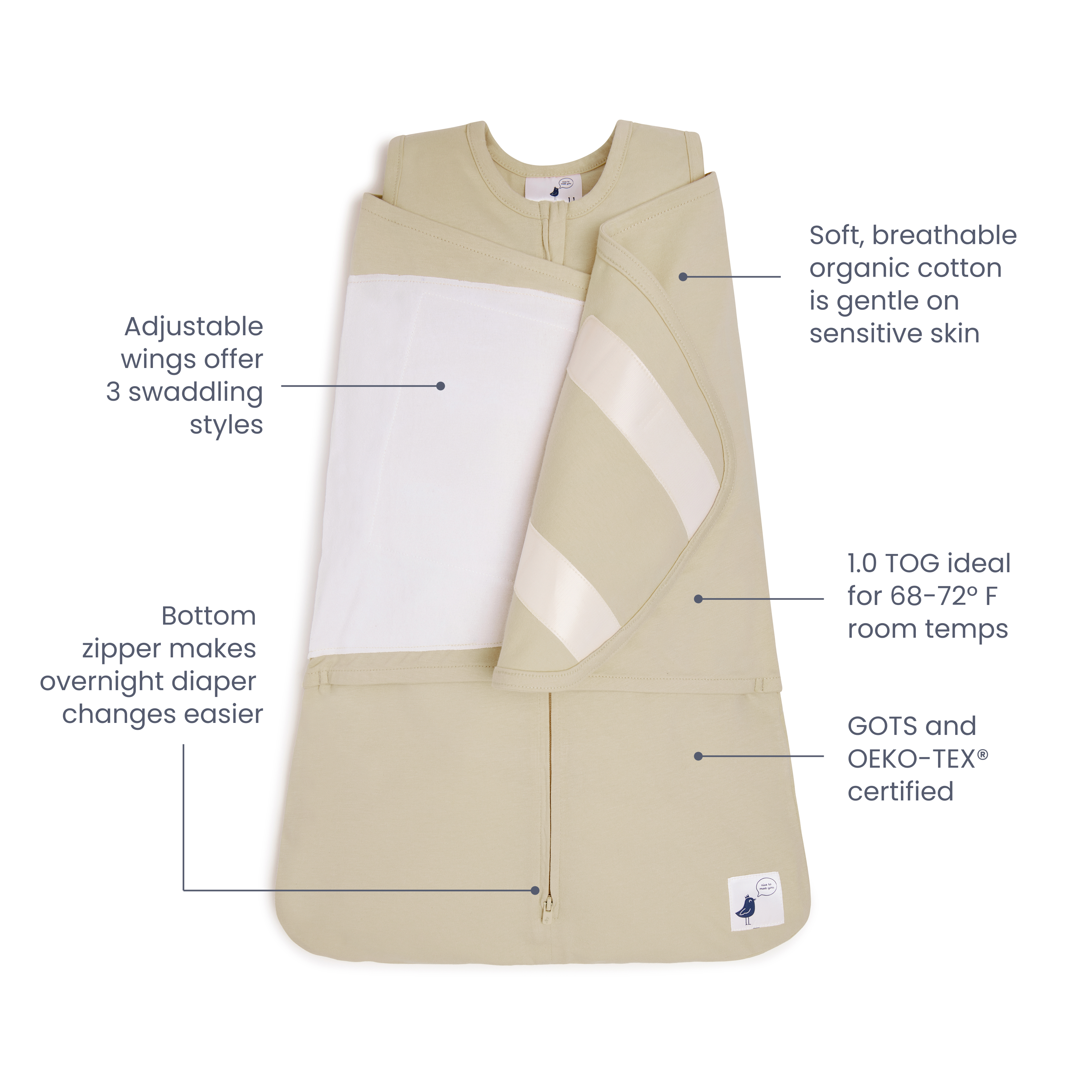 Small Story Organic Cotton Wearable Swaddle - Oat, Nb.