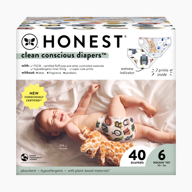 The Honest Company Clean Conscious Disposable Diapers - All The Letters + It's A Pawty, Size 6, 40 Count.