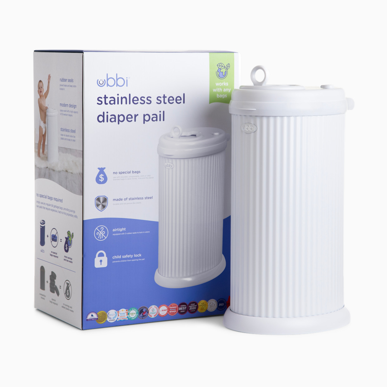 Ubbi Fluted Stainless Steel Diaper Pail - Matte White.