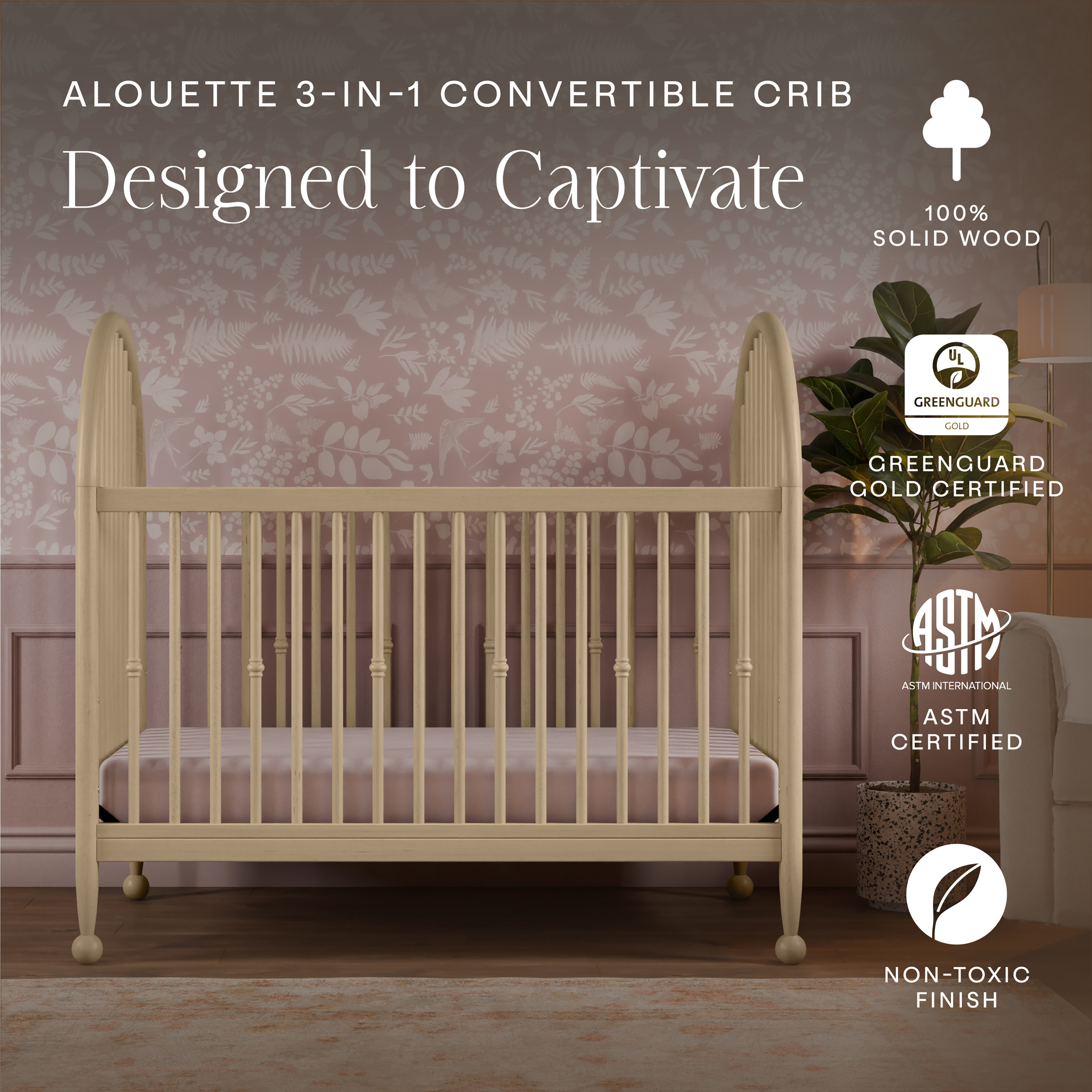 Namesake Alouette 3-in-1 Convertible Spindle Crib - Washed Pine.