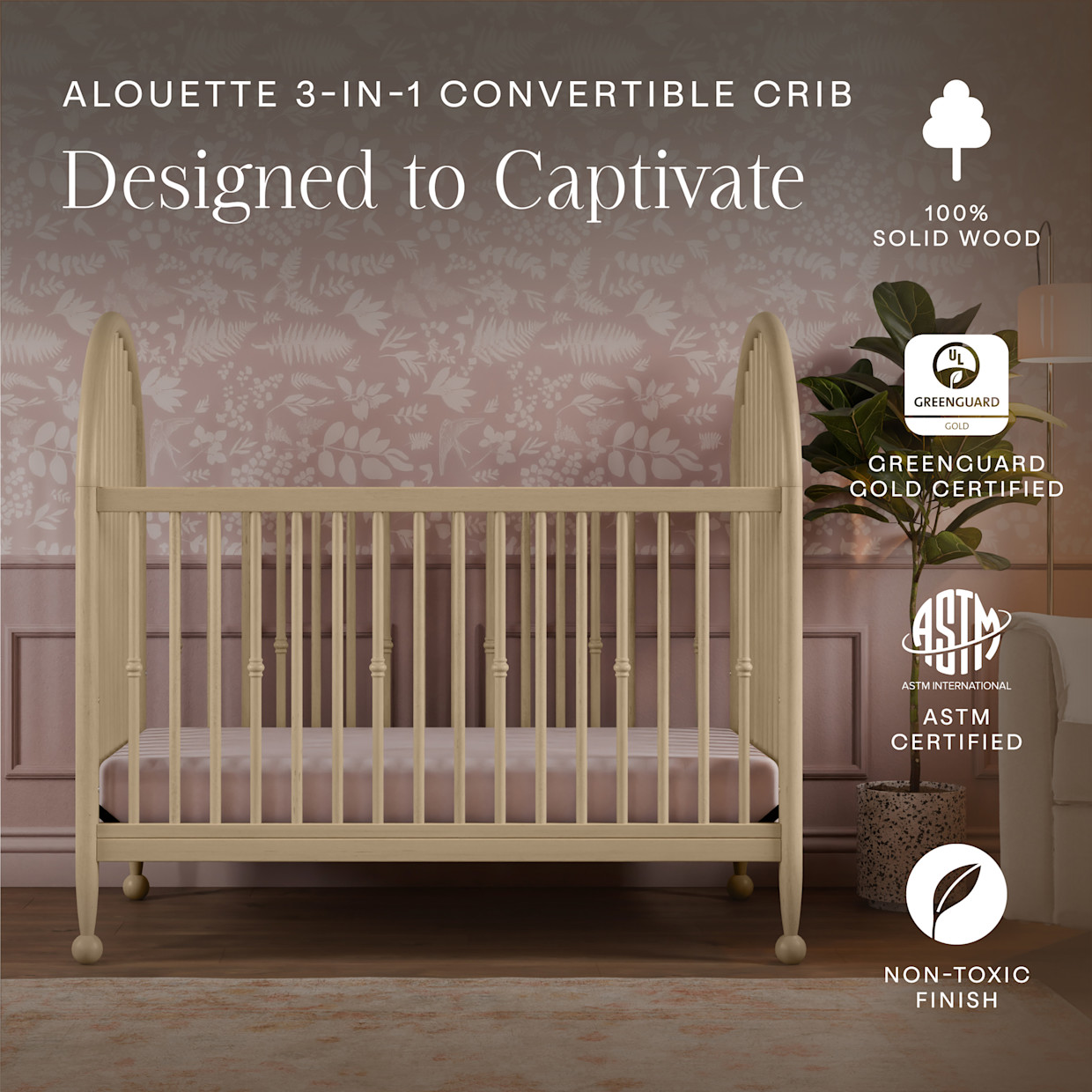 Namesake Alouette 3-in-1 Convertible Spindle Crib - Washed Pine.