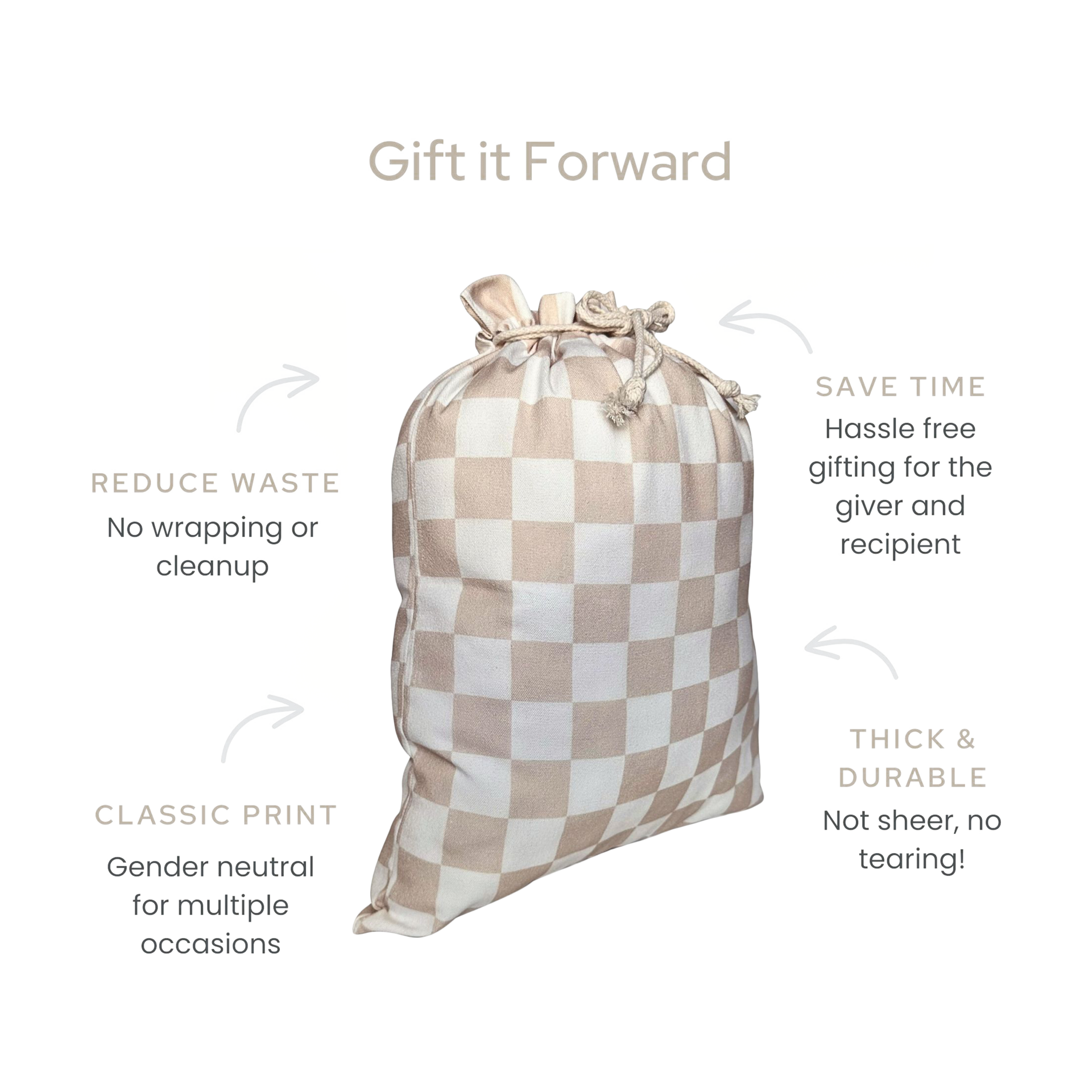 Gather & Knot Fabric Gift Bag - Taupe Checkers, L.