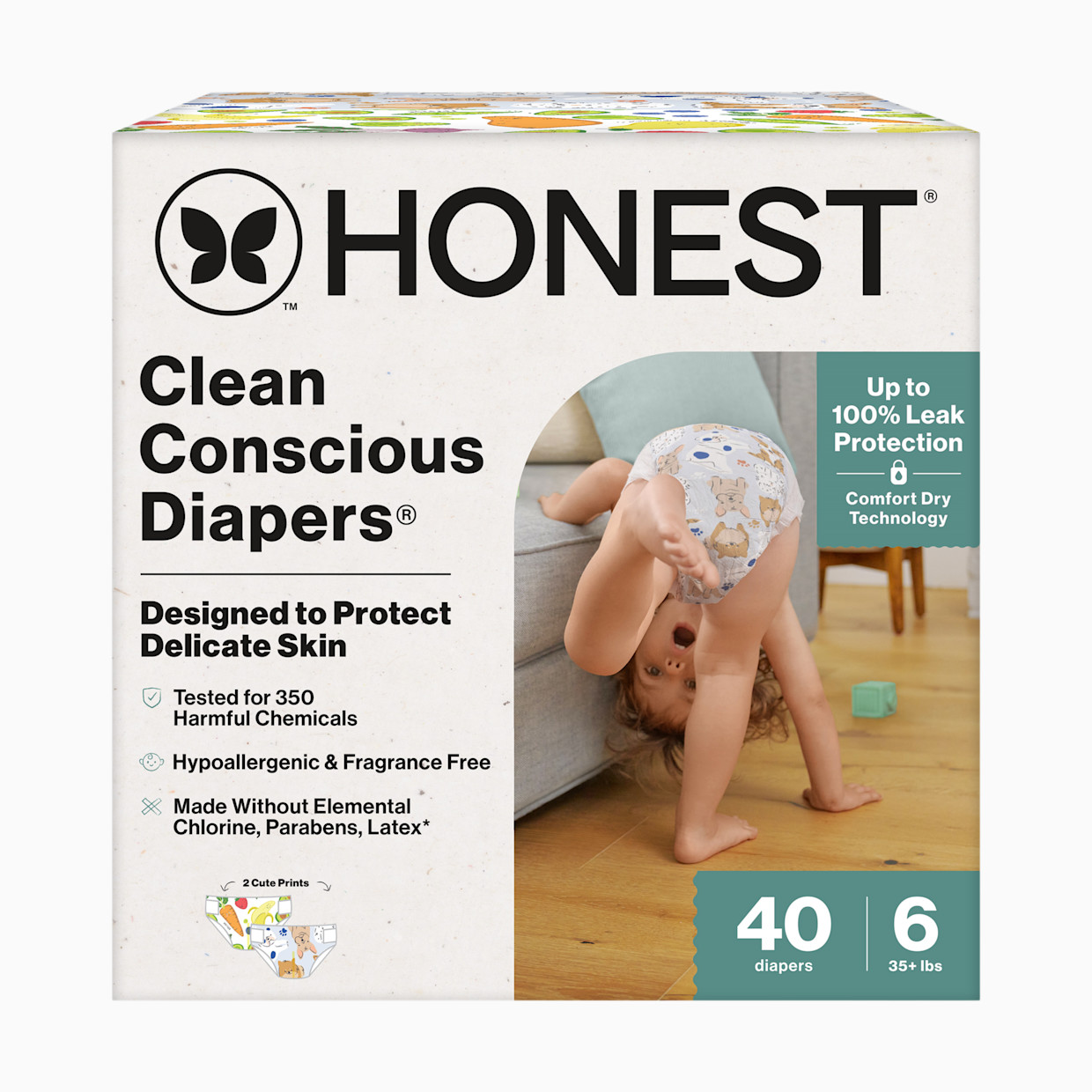 The Honest Company Clean Conscious Disposable Diapers Size 6-7 - So Delish + It's A Pawty, Size 6, 40 Count.